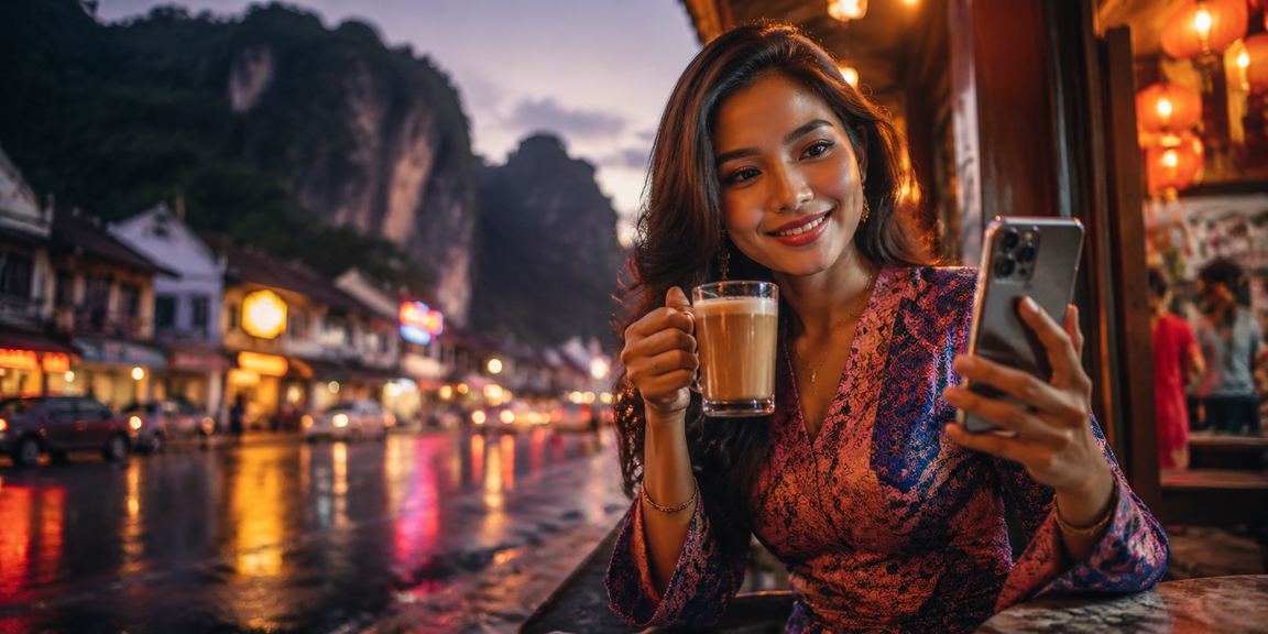 Pengguna Ipoh mengakses kasino jom99 melalui telefon pintar dengan motif batik